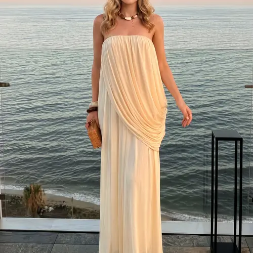 LikeMyChoice 2026 Cream Strapless Draped Maxi Dress - Beach Wedding Guest Flowy Chiffon Formal Gown Breathable Chiffon Fabric Versatile Cream Hue Travel-Friendly Design - Casual