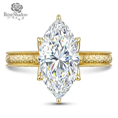 ROSESHADOW 3CT Marquise Cut Moissanite Vintage Engagement Ring for Women D Color VVS1 Clarity 14K Gold Plated 925 Sterling Silver Synthetic Moissanite Jewelry Anniversary Gift for her