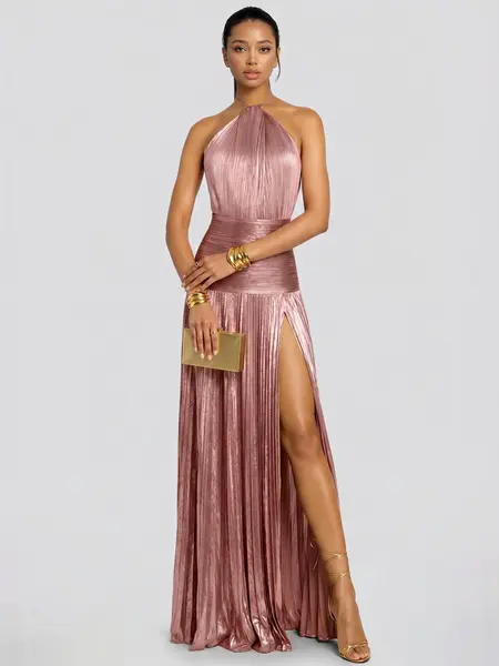 LikeMyChoice 2026 Rose Gold Halter Metallic Pleated Maxi Dress Formal Evening Gown with High Slit for Prom Weddings Cocktail Parties - Fabric, Womenswear