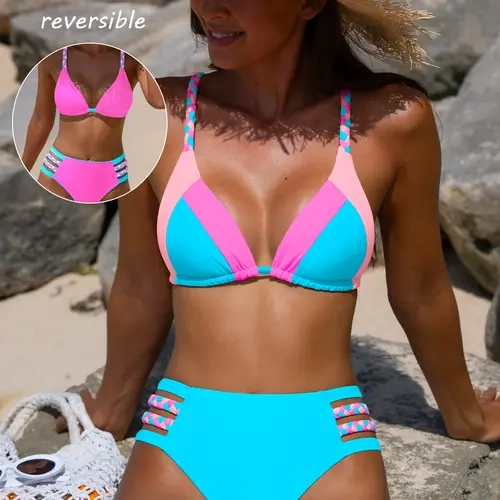 POPVIL 2-in-1 Women's Reversible Triangle Bikini Set High Waisted Colorblock Swimsuit
