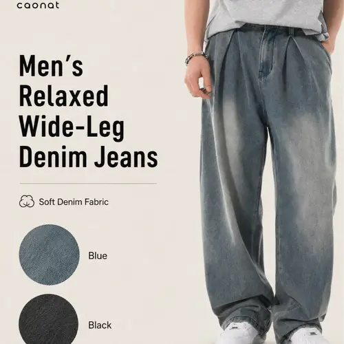 CAONAT Men’s Smooth Oversized Baggy Cropped Jeans, Loose-Fit Wide-Leg Vintage Washed Denim Pants, Streetwear Casual Hip Hop Trousers for Men (Pairs with Outfits, Sneakers, Jackets) Fathers Day Gift
