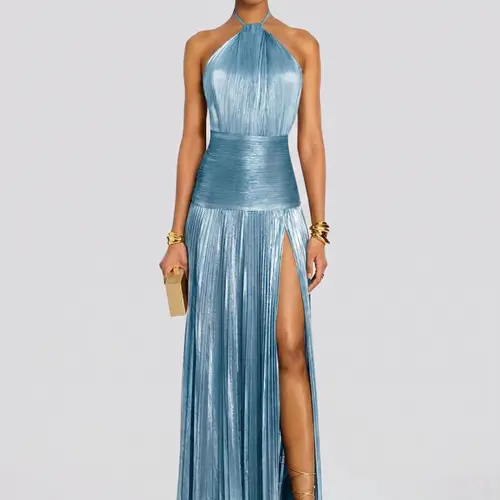 LikeMyChoice 2026 Light Blue Metallic Pleated Halter Maxi Dress, Slit Formal Gown for Wedding Guest, Birthday Party, Prom Evening Cocktail Party