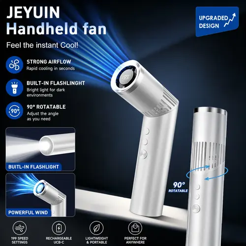 JEYUIN Classic Handheld Lithium Battery Fan (Pre-Sale) - 3000mAh Built-In Battery Powered Cells, USB Rechargeable, Adjustable Speeds, Lightweight Pocket Size, LED Light, Wireless, for Commuters, Office Use