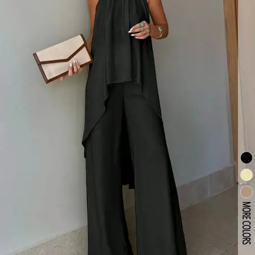 2-Piece Elegant Chic Casual Party Set, Summer Matching Set, Asymmetric-Hem Halter-Neck Sleeveless Top & Wide-Leg Pants, Women's Vacation & Date Outfit, Spring/Summer