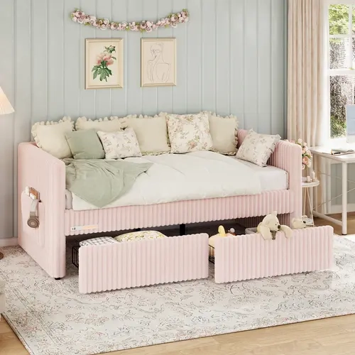 AMERLIFE Twin Size Corduroy Daybed with 2 Storage Drawers & Bedside Pocket, Upholstered Day Bed Frame with Charging & Night Light, Easy Assembly, No Box Spring Needed, for Living Room, Bedroom[tiktokshopbacktoschool][SohoChic]