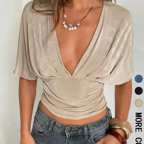 Women's Batwing Deep V Folded Short Sleeve Slim Fit Waist T-Shirt Top, Crop Tops, Casual Daily Wear, Feminine, Perfect for Dates and Parties, Plain Pattern, Minimalist, No Zipper or Button