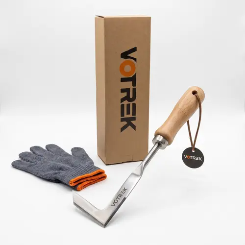 VOTREK 3-Edge Blade Weeding Tool with 13inch-Beech Wood Handle & Steel Collar, Stainless Steel Patio Weeder for Precise Control, Clean Cracks on Driveway Edges & Concrete Surfaces, 1 Set with Gardening Gloves