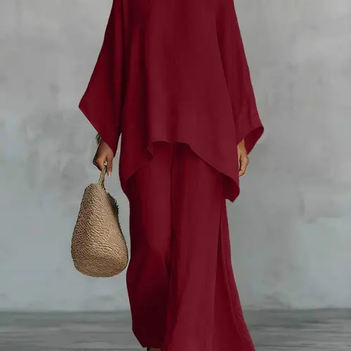 New Women's Simple Solid Loose-Fit Long Sleeve Blouse and Wide-Leg Pants Set, Baggy, Comfortable Casual Outfit, Perfect for Daily Wear, Stylish, Trendy and Elegance Two-Piece Set