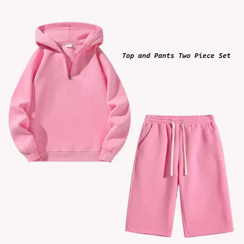 Men’s 2-Piece Male Clothing Set - Quarter-Zip Hooded Polyester Sweatshirt, 3/4 Athletic Wide-Leg Shorts, Slim Fit, Adjustable Drawstring Elastic Waistband, Solid Color Summer Streetwear,sohochic