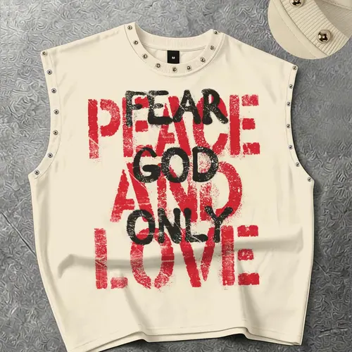 "Fear God Only" Slogan Loose-fitting Vest for Men and Women, Letter Print Geometric Metal Studs Vest, Aesthetic Summer Clothes, Street Fashion Vest, Y2k Summer Vest, 2026 New Streetwear Vest, Sleeveless, Fashion Tank Tops