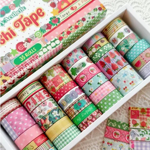Coquette Bow & Strawberry Aesthetic Washi Tape Box Set - 35/42 Rolls, 10 Sample Cards, 10mm Kawaii Masking Tape with Alphabet Letters, Adhesive Strips for Junk Journal, Scrapbooking DIY (Toys & Hobbies)
