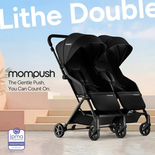 Mompush Lithe Double Stroller for Infant and Toddler, Lightweight Side by Side Twin Stroller, Only 25 lbs, 30-Inch Slim Fit Through Doorways, One-Step Fold, Independent Recline, UPF 50+ Canopy