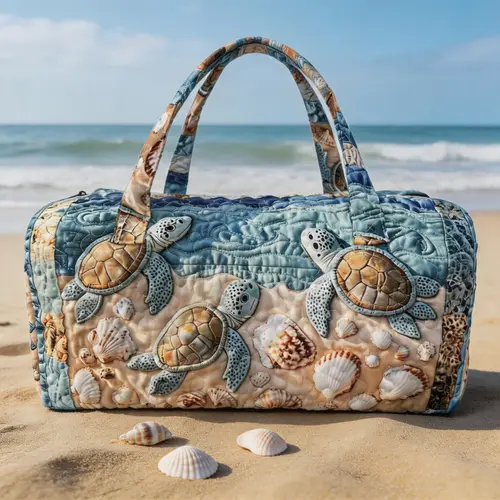 Quilted turtle travel bag, ocean shell beach high-definition printed luggage bag, large capacity ocean themed sports and fitness bag, summer vacation hand-held travel bag