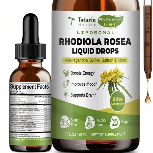 Totaria 16-in-1 Liposomal Rhodiola Rosea Supplement Tincture 1000mg, Ultra Strength Rhodiola 10:1 Root Extract w/Ashwagandha, Rhodiola Liquid Drops for Natural Relaxation, Mood, Energy, Alcohol-Free