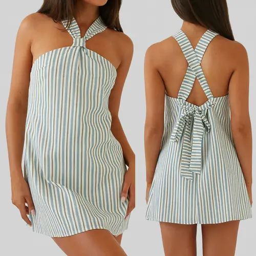 Women Mini Dress Solid Color/Floral Print Halter Neck Backless Dress Summer Fashion Sleeveless Casual Dress