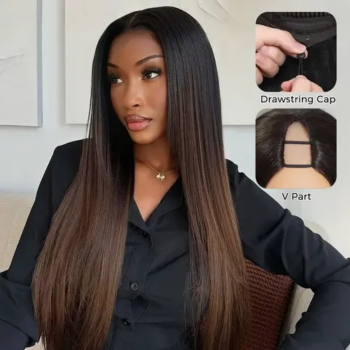 Mscoco Chestnut Ombre Brown Yaki Straight V Part Human Hair Wig, 180% 250% Density, Invisible Drawstring, Minimal Leave Out, Budget & Beginner Friendly Summer V-Part Lace Wig #Sohochic