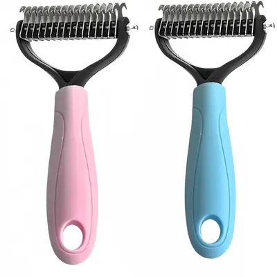 Professional 2-Sided Double-Head Pet Deshedding Comb - Durable Construction, Rounded Teeth, Dematting Rake for Dogs/Cats, Undercoat & Flying Hair Grooming Tool (Blue & Pink) - Father's Day Gift for All Fur Types