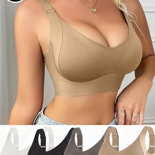 Women's 4-Pack Retro Seamless Wire-Free Lingerie for Women, V-Neck Full Coverage Bras with Back Smoothing, High Stretch, Breathable Material, Adjustable Straps, Removable Pads, Light Support for Yoga & Everyday Wear