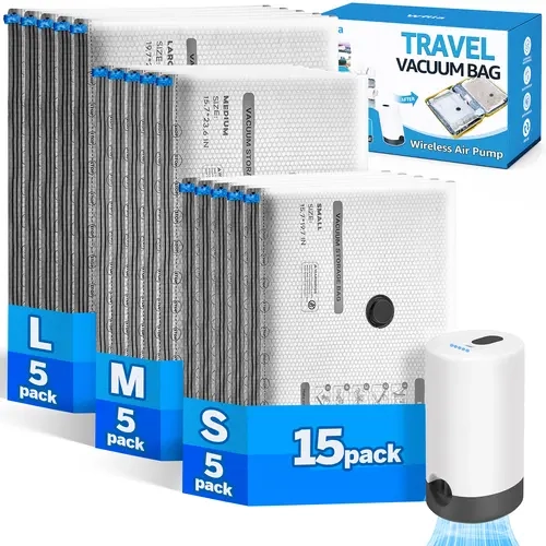 15 Packs Vacuum Bags for Travel with Rechargeable Pump, 3 Sizes Vacuum Space Saver Bags Compression for Comforters and Blankets, Sealer Clothes Storage Travel Essentials sohochic