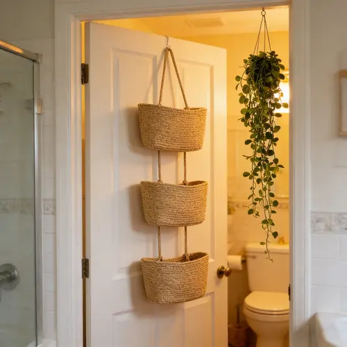 Woven Cotton 3-Tier Over-The-Door Wall-Mountable Basket with Handles - 11in Portable Home Organizer, Warm Handmade Charm Look, Natural Feel for Beauty & Daily Necessities Storage Organization
