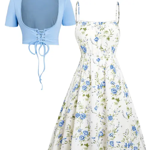 Floral Print Sleeveless Cami Dress & Solid Lace-Up Short Sleeve Crop Top Two-Piece Set