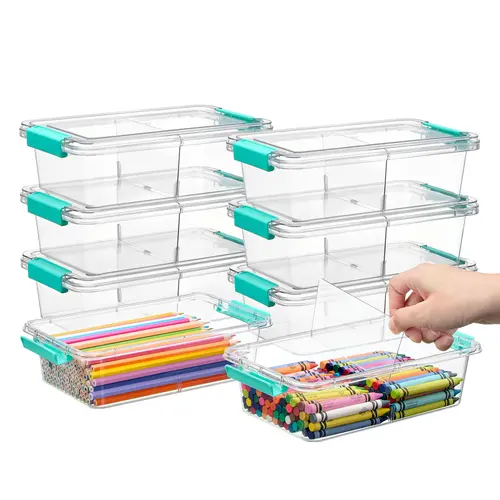 【New Arrival】Vtopmart 4/8 Pack 1.5 Qt Clear Pencil Box with Removable Divider, Plastic Pencil Case Crayon Box, Stackable Storage Containers with Lid for Pen, Art Craft, Back to School Teacher Supplies