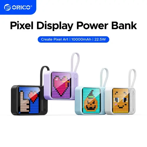 ORICO Mini DIY Pixel Screen Chargeable Portable Charger, 10000mAh Compact Portable Power Bank with Integrated Cable, 25W Fast Charging-Quickcharge 3.0, Custom Pixel Art Display - Cool Tech Gadget for Smartphone (iPhone & Android)