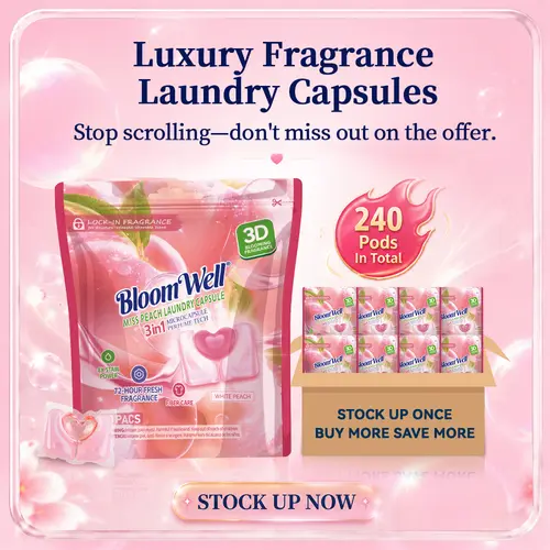BloomWell Miss Peach Laundry Pods, 8 Sealed Packs (240 Count) Family-Size Mega Bulk, Move-Activated Microcapsules Peach Scent, 72+ Hour Keeps Laundry Fresh, Deep Stain & Odor Remover, HE-Compatible Household Capsules