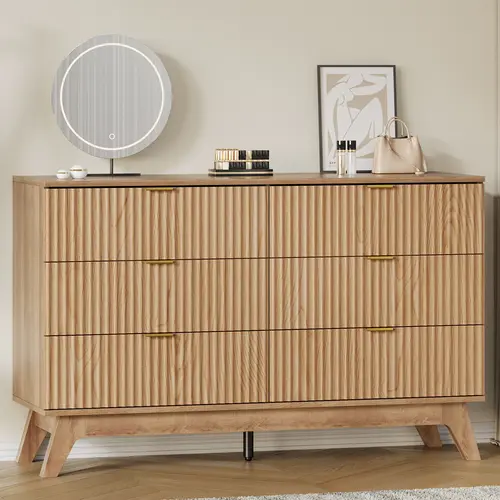 FUSOU 47in Wide Modern Rectangle Vertical Grooves Oak 6-Drawer Wood Dresser - Waterproof Top, Floor Standing Single Unit, Slim Metal Pulls, Drawers for Bedroom, Display Storage Bedroom Furniture, Organized Storage Living Room Furniture