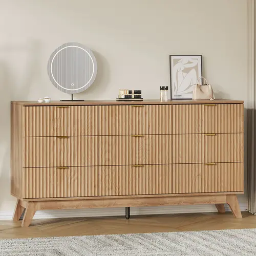 FUSOU 57.1in Oak Wood Modern Bedroom Dresser - 9 Drawers, Fluted Design, Waterproof Top, TV Stand, Drawer Organization, House Decor, Living Room Aesthetic Room Decor Furniture for Closet Storage