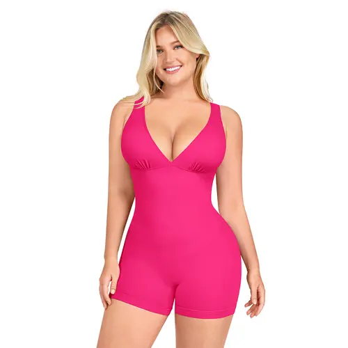 SHAPELLX  Deep V Sculpt Bodycon Stretch Shorts Jumpsuit Romper Tummy Control Boyleg Nylon Bodysuit