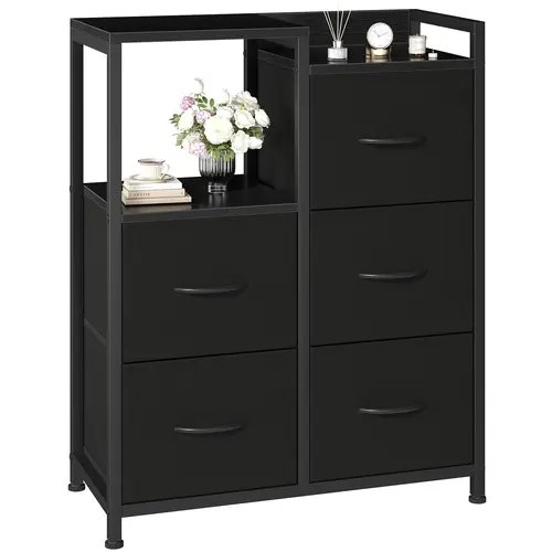 Modern 5-Drawer Fabric Dresser with 2-Tier Display Shelf - Clutter-Free, Child-Friendly Drawer Compartments Cabinet for Bedroom, Hallway, Clutter-Free Cabinets, Child-Friendly Cabinets