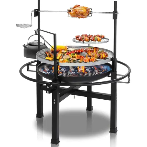 Karlhome 33-Inch Wood Burning Outdoor Fire Pit Set - 33" Wide Cooking, BBQ+Fire Combo, Swivel Grate, 2 Removable Grills, ABS Plastic Open Flame Grill, Garden/Outdoor Patio Cookout Tool for Backyard Meat Prep, Long-Lasting Commercial Use