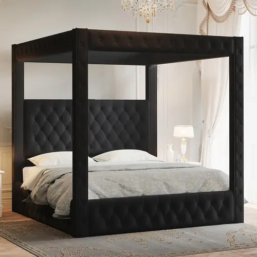 【King Size Shipped in 2 Boxes】AMERLIFE Upholstered Canopy Bed Frame King Size with 74.8" Tall Four Poster and Velvet Deep-Tufted Tall Headboard with Charging Station/Modern Luxury Style/No Box Spring Needed/Black #SohoChic
