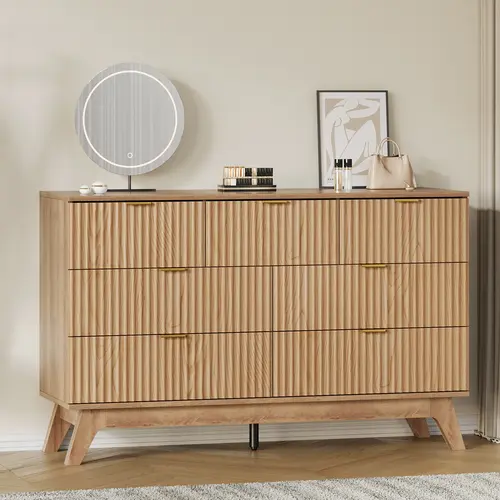 FUSOU 47.2" Oak Wood Modern Floor Standing Bedroom Dresser - 7 Drawers, Fluted Design, Waterproof Top, Room Decor, Drawer Organization, Easy Assembly, Multi-Functional TV Stand for Bedroom Living Room Cabinets