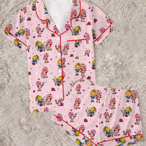 Cartoon Strawberry Girl Rainbow Print Women's Pajama Set Pyjamas, Short-Sleeve Button-Up Top and Elastic Shorts, Comfortable Loungewear Nightwear for Sleep or Wearing Outside