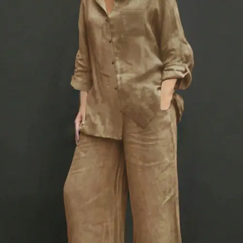 Plus Size Women's Polo Neck Casual Open Front Jacket, Elegant Solid Color Shirt Top, Comfortable Soft Fabric, Loose Fit Long Pants, Top Trousers Set, Womenswear