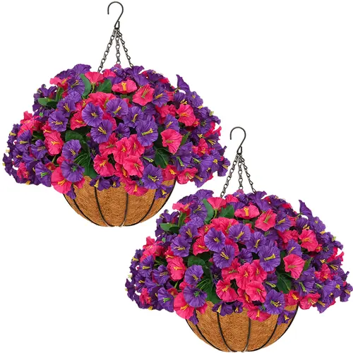 2 Pcs Aesthetic Mini Hanging Planters & Baskets - UV Resistant Realistic Look Artificial Silk Morning Glories, Outdoor Decorations, Artificial Hanging Plant for Balcony, Garden (TikTok Shop Spring Glow Up)