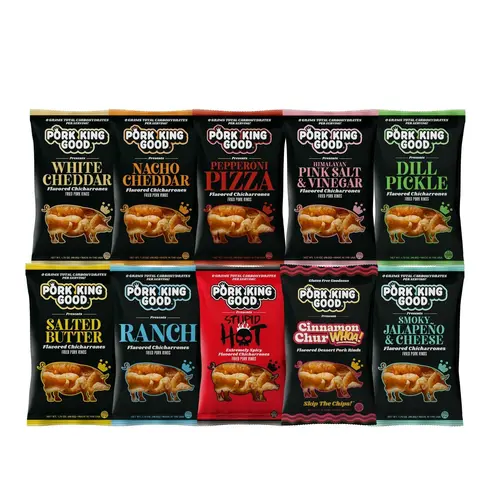 Pork King Good Pig Pen - 10 Bag Pork Rinds Variety Pack, 1.75 oz Savory Flavors - Zero Carb, Keto & Gluten Free