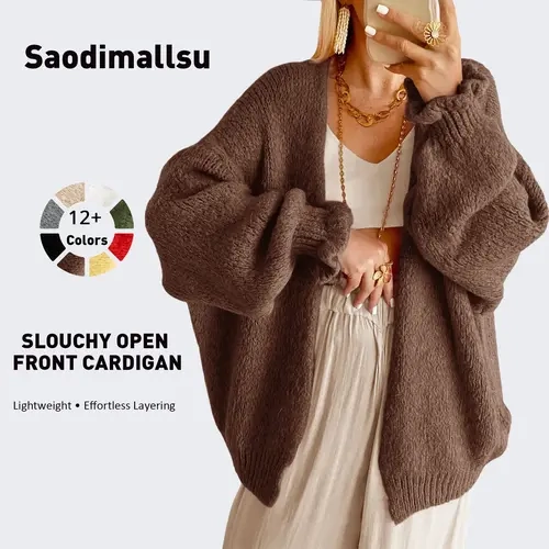 Saodimallsu Cardigan for Women, Open-Front Oversized Chunky Polyamide Knit Sweaters, Casual Clothes with Long Ruffle Lantern Sleeves, Long Sleeve, Minimalist,clothes for back to school,first day of school outfits,sohochic