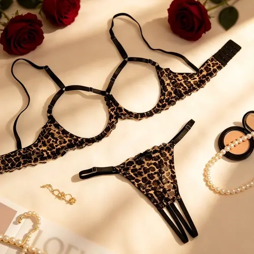 2-Piece Leopard Print Lingerie Set, Women's Underwear Set, Bra Sets, Sexy Cutout Lace Underwire Bra and Matching G-string with Adjustable Straps, Perfect for Date Nights, Valentine's Day and Romantic Evenings, Ideal Gift for Christmas and Anniversaries