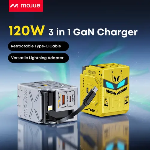 MOJUE Mechanical-style charger  Mechanical armor has a fast charging capacity of 65W, a charger, a retractable charging cable, multiple interfaces, portable for travel, suitable as a gift for men, breaks the convention, and has a handsome appearance.