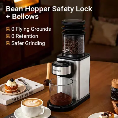 QAWTOR Electric Conical Burr Coffee Grinder – 25 Adjustable Grind Settings, Precision Timer & Anti-Static Coffee Bean Grinder with Built-In Air Blower for Espresso, Drip, Pour Over & French Press