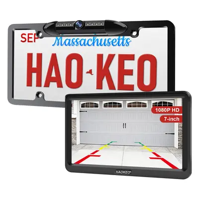 HAOKEO H9 Backup Camera for Car 7 Inch HD 1080P Front Rear View Monitor kit License Plate Frame Camera with Night Vision, Waterproof DIY Grid Lines for Truck/RV/Tractor/Semi-Trailers/Pickup H9