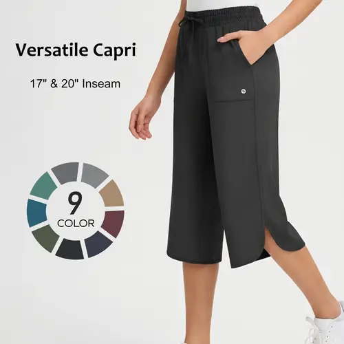 BALEAF Women's 17"/20" Wide Leg Capri Pants with Deep Pockets High Waisted Lightweight Comfy Casual Lounge Pants Quick Dry Breathable Water Resistant UPF 50+ Tummy Control Loose Fit for Travel Teacher Everyday Walking Vacation Outdoor Summer tiktokshopbac