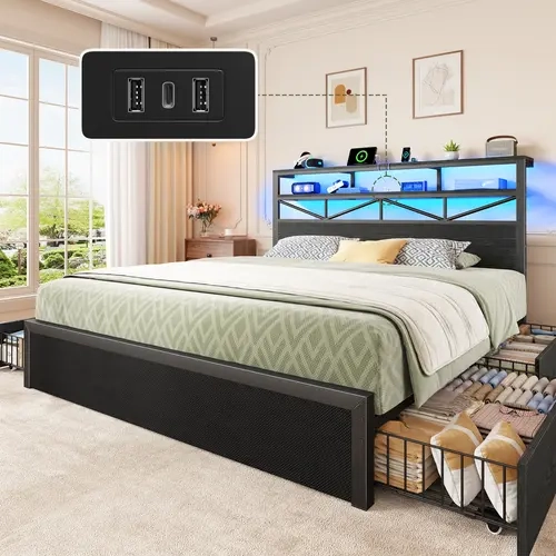 Raybee Industrial Bed Frame with 4 Storage Drawers & 2 Tiers of Shelves, Modern LED Bed Frame with Built-in Power Strip, Platform Bed frame for Full/Queen/King, 880LBS Capacity, No Box Spring Needed,  Storage Solution for Small Bedroom, Apartment, Dorms
