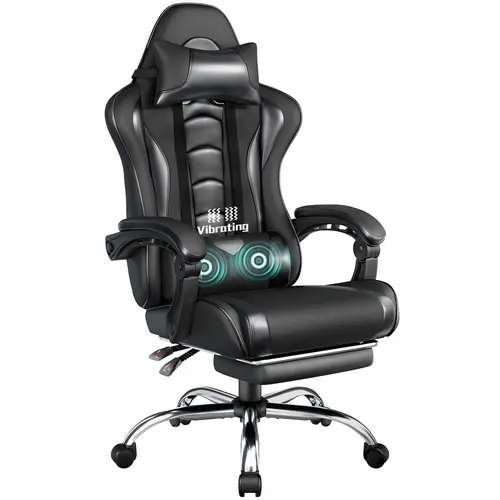 Yaheetech Ergonomic Reclining Gaming Chair with Massage Lumbar Support, Footrest, and Headrest – PU Leather Tall Desk Chair, Swivel Rolling Base, Adjustable Gaming Chair, Computer Gaming Chair,dorm essentials