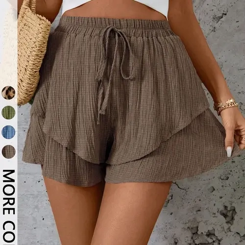 1 Piece High-Waisted Adjustable Drawstring Waistband Shorts, Layered Ruffle Design, Loose Fit Casual, Perfect for Outdoor Activities, Comfortable & Stylish, Casual Fashionable Shorts #GLOBAL PICKS