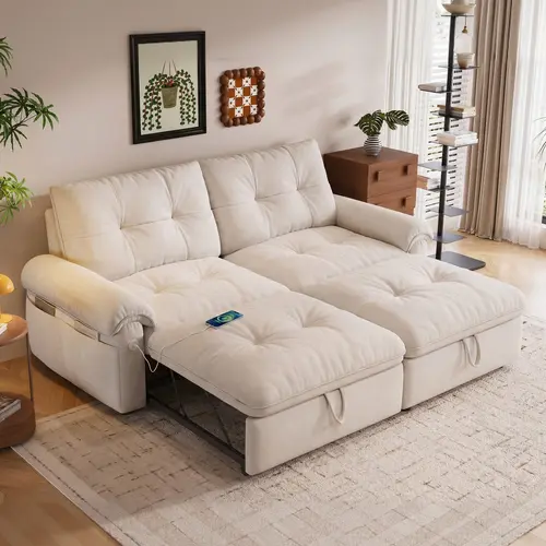 【3 Packages】Queen Size Sofa Bed, 3-in-1 Convertible Sleeper Sofa Bed with Adjustable Backrest, Modern Velvet Couch with Side Pocket and USB Ports, for Living Rooms, Bedrooms, Small Spaces