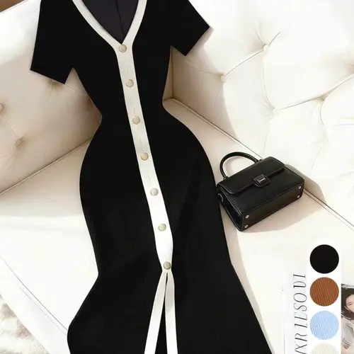 Elegant Knit Dress, Chic, Knitted, Short Sleeve Long Dress, Solid Color, Slim Fit, High Waist, French Style, Casual Wear, Office Wear, Date Night, Tea Time, Pear Shape